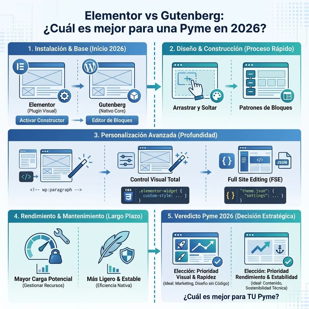 Infografía: proceso completo de elementor vs gutenberg pymes paso a paso para pymes