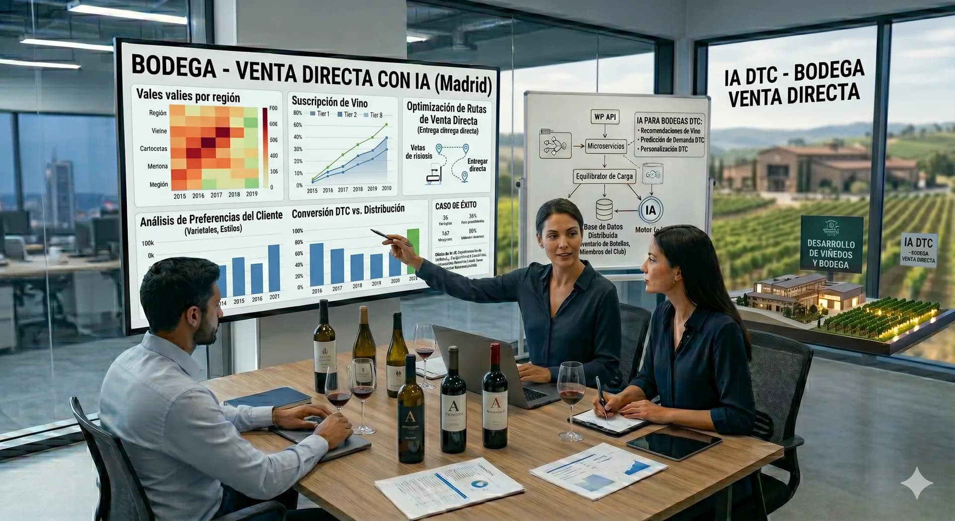 Caso de éxito de venta directa online para bodega Equipo de una bodega analizando una estrategia de venta directa, suscripciones y recomendaciones con inteligencia artificial