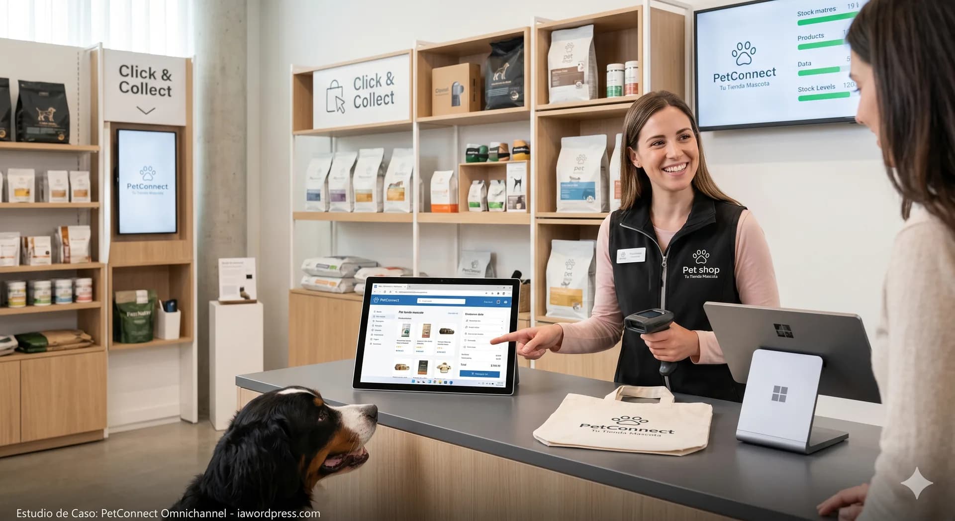 Caso de éxito de tienda de mascotas omnicanal Dependienta atendiendo un pedido digital en una tienda de mascotas con experiencia omnicanal