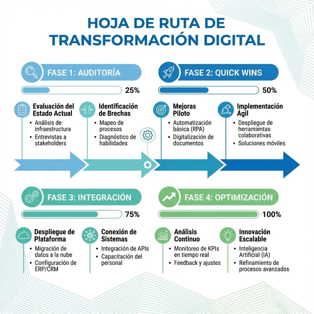 Infografía: proceso completo de primeros pasos transformacion digital paso a paso para pymes