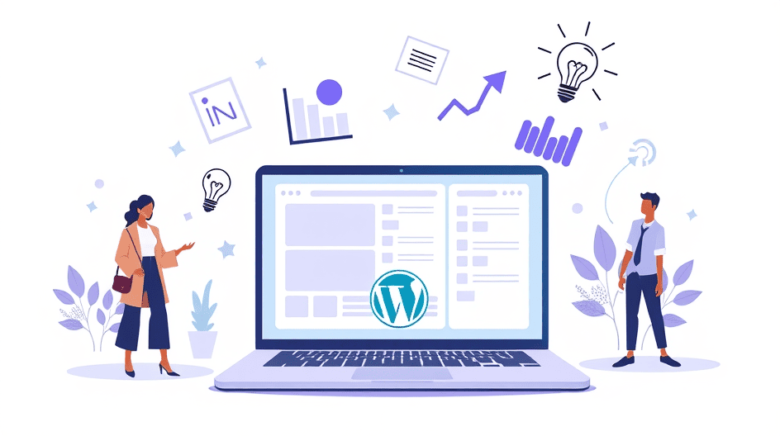 Laptop con logotipo de wordpress rodeada de íconos y gráficos